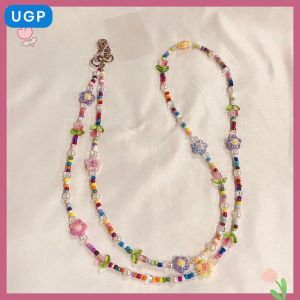 สร้อยข้อมือโทรศัพท์มือถือพร้อมสายคล้องกระเป๋าสะพายข้างสำหรับผู้หญิง สร้อยคอ โซ่โลหะผสม ลูกปัดดอกไม้ หรูหรา ของขวัญสำหรับผู้หญิง