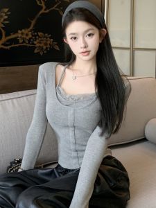 GUZILIAN | เสื้อชั้นในถักแบบดูดซับไขมันสไตล์เกาหลี เสื้อชั้นในทรงเข้ารูป แขนยาว คอกลม สีพื้น แฟชั่นสำหรับผู้หญิง