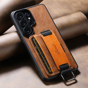 SUTENI Smooth Material Phone Case Wrist Strap Ring Buckle Faux Leather Card Holder Stand For Samsung S26 Ultra S25 Plus S24 S23
