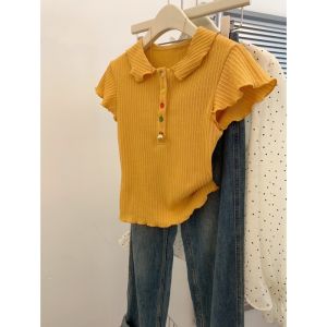 Summer Thin Ice Silk Knitted Short Sleeve T-Shirt Womens Design Sense Colorful Buttons Casual Style Korean Version Fishkaani