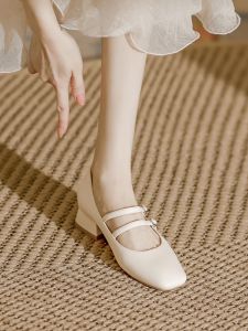 LIQIXIEFANG | Suede Soft Square Toe Mary Jane Shoe Mid Heel