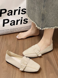 รองเท้าส้นแบนหัวเหลี่ยมสไตล์ย้อนยุคสำหรับผู้หญิง ฤดูใบไม้ผลิ 2025 รองเท้าส้นแบนแบบสวมสบาย สไตล์เกาหลี รองเท้าหนังสัมผัส