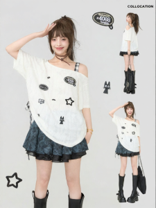 Keiko | Sweet Cool Embroidered Slanted Shoulder Lazy Style Torn Loose Top