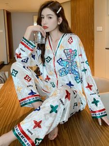 Luxurious Gold Velvet Sleepwear Set for Women Long Sleeve Cardigan Home Clothes Spring Autumn Outerwear Cartoon Print V-Neck