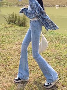 High Waist Bell Bottom Jeans Womens Blue Cotton Stretch Denim Pants Long Trousers Wear Resistant Zipper Closure Autumn Wear
