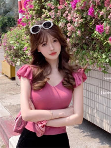 Slim Fit Short Sleeve V-Neck Knitted T-Shirt Womens Summer New Style Fashionable Versatile Thin Material Commute Korean Style