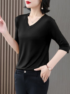 Loose Modal Ice Silk T-Shirt Womens Spring Summer New Style V-Neck Short Sleeve Classic Pattern Korean Style Thin Fabric