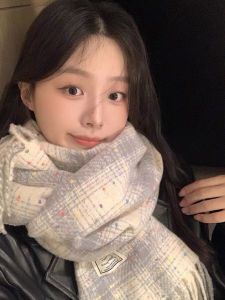 Rainbow Candy Bean Scarf Womens Winter High-End Feeling Fake Cashmere Plaid Scarf Korean Style Versatile Shawl Neck Warmer C12