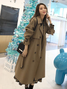 Trendy British Style Knee-Length Womens Coat Casual Long Sleeve Polo Collar Double-Breasted Polyester Fiber Outerwear