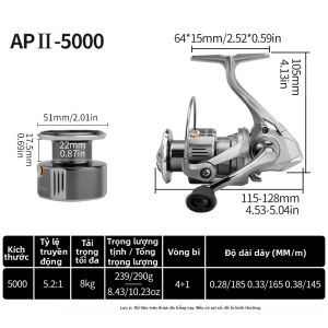 Máy Câu Cá Quay Tay Huidiao AP-II Tỉ Số Truyền 5.2:1 4+1BB Quay Mượt Mà Lực Kéo Tối Đa 12KG/26LB Cuộn Dây Kim Loại CNC Tay Cầm Thuận Cả Hai Tay