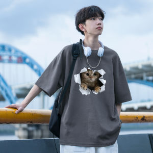 Cleanfit เสื้อยืดแขนสั้นผู้ชาย ทรงหลวม ผ้าฝ้าย ลายสัตว์ คอกลม แขนสั้น ทรงลำลอง เทรนด์ฤดูร้อน 2024