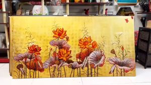 ( Tặng khung) Tranh sơn mài - HOA SEN - Size 80x160 cm nền dát vàng hàng cao cấp xuất khẩu