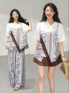 KEIKO | Bohemian Summer Boho Print Fake Two-piece T-Shirt Set