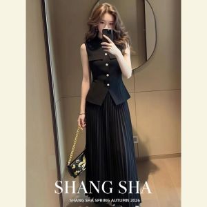 SHANGSHA | Elegant High-Class Office Formal Black Vest Pleated Dress