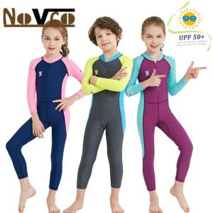 Novco UPF50+ Children Rash Guards One Piece Diving Swimsuit 1mm Long Sleeve Back Zip Surfing Jumpsuit Kids Diving Rashguard Suit for Boy Girl Diving Kayak Scuba