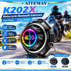 Aitemay 1/2pcs K202X Motorcycle Helmet Bluetooth Headset 6.0 800M Intercom For 2 Riders IP65 Waterproof Handsfree Call Music Sharing Stereo Bass Earphone With Mic For Motorbike Riding