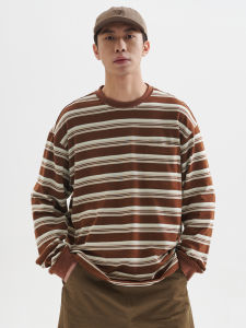 Buttbill Mens Loose Fit Long Sleeve T-Shirt Retro Striped Crew Neck round Neck Tee Casual Japanese Style Couples T-Shirt