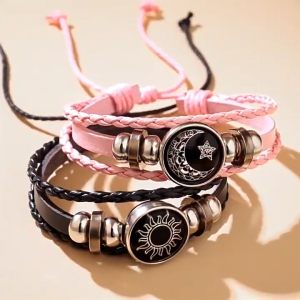 2pcs/Set Hand-Woven Luminous Sun And Moon Lovers Time Leather Bracelet Retro Multi-Layer Beaded Couple Bracelet Gift