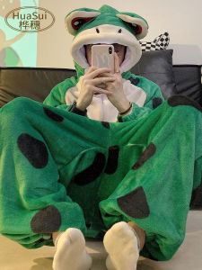 Mens Siamese Pajamas Autumn and Winter Flannel Thickened Cartoon Frog Teenager Heattech Mens Homewear Coral Fleece