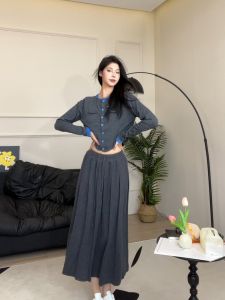 High Waist Knitted Open Cardigan And Color Block Mini Skirt Set for Women Elegant Autumn Fashion Two-Piece Suit Long Sleeve round Neck