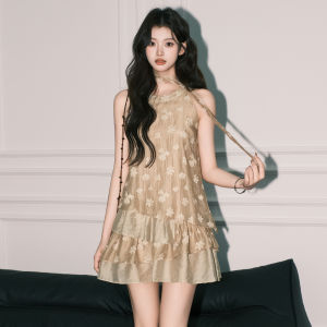 Chocolate Kaki Color Floral A-Line Neck Hanging Dress Womens Vacation Sleeveless Cake Short Skirt Loose Waist Summer Dress