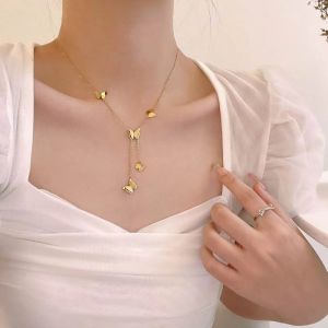 BESFOME Frosted Small Butterfly Tassel Necklace For Women Fashion Titanium Steel Non Fading Jewelry
