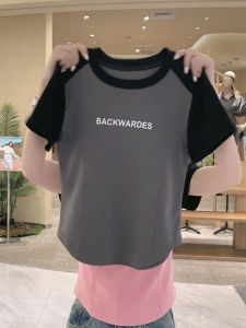 New 2023 Womens Grey Printed Short Sleeve T-Shirt Slim Fit Pure Cotton Korean Style Design Sensation Summer Top