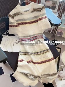 Elegant Knitted Dress for Women Light Luxury Style Midi Skirt Short Sleeve round Neck Commute Korean Version H-Shape Dress