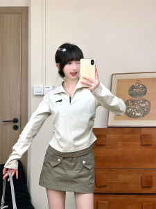 Elegant Polo Collar T-Shirt Womens Cute Sausage Dog Embroidery Long Sleeve Color Block Half Zipper Short Style Cotton Blend