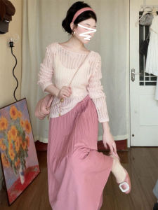 SENWA | Bộ Áo Len và Chân Váy Ren Hồng Nhẹ Nhàng Phong Cách Hàn Quốc