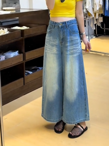 MANMI | Quần Jeans Quần Dài Cao Waisted Rộng Chân Thẳng Kiểu Retro