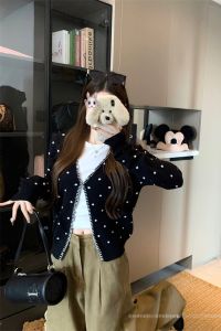 เสื้อคาร์ดิแกนถักแขนยาวลายจุดสีดำ สไตล์วิทยาลัย ทรงหลวม สำหรับผู้หญิง ชุดสเวตเตอร์ลำลอง คอกลม ปกติ ปกติ