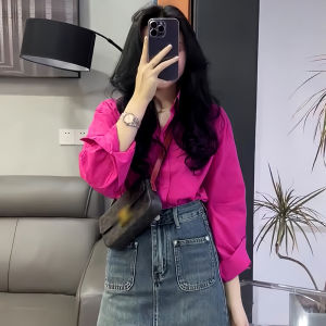 Loose Womens Pink Shirt Spring Summer New Design Sensation Small Audience Lazy Style Casual Straight Tube Long Sleeve Polo Collar Cotton Shirt