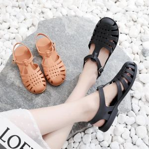 Retro Roman Woven Flat Bottom Sandals Women Summer Fairy Style Jelly Shoes Fashionable Versatile Outdoor Slippers