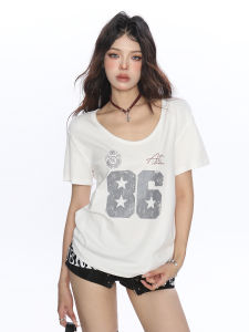 Letter Print U-Neck Straight Shoulder Slimming Casual Summer T-shirt