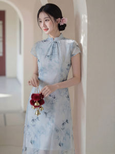Áo Dài Cheongsam Màu Xanh Nhạt Phong Cách Retro Hằng Ngày Thoáng Khí Tay Ngắn