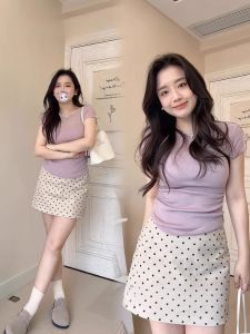 Purple round Neck Short Sleeve Knitted Top Womens Summer Slimming Simple Solid Color Shoulder Ice Silk Knitwear Commute Style