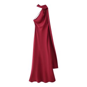 VEITCHE Elegant Womens Soft Silk Satin Long Dress Halter Backless Sleeveless Ribbon Maxi Dresses 2025 Summer Lady Party Gowns