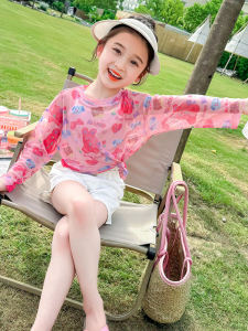 เสื้อยืดแขนยาวผ้าไหมน้ำแข็งสำหรับเด็กผู้หญิง สีชมพู หมี กระต่าย ระบายอากาศได้ดี ปกป้องจากแสงแดด เสื้อชั้นในฤดูร้อนบางๆ สำหรับเด็ก