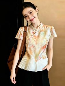 SHUAIYUE | Áo Sơ Mi Kiểu Qipao Mới Phong Cách Trung Quốc In Hoa Nếp Rủ Cổ Tròn Pankou Đa Dạng Kết Hợp