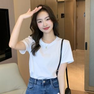 Korean Style Simple Pure Cotton Short Sleeve T-Shirt Womens Soft Pink Slimming Spring Summer Fashionable round Neck Top