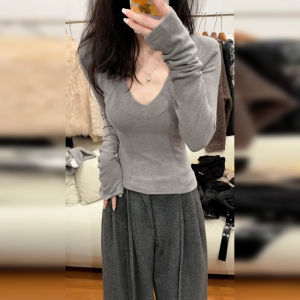 Áo Thun Dài Tay Cổ Chữ V Thiết Kế Xương Cá Dệt Kim Cho Nữ Mùa Xuân Thu Ôm Vừa Vặn Thanh Lịch Chất Liệu Cotton Pha Lanh