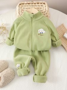 Warm Fleece Lined Outfit for Babies And Toddlers Boys And Girls Two Piece Set Autumn Winter Casual Wear Comfortable Polyester