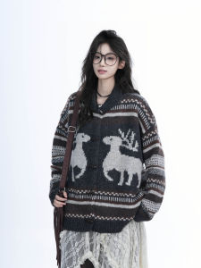 Christmas Deer Pattern Knitted Sweater Womens American Retro Lazy Style Couple Open Cardigan Warmth Feels Spring Autumn Wear