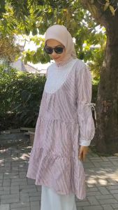 Cyara Tunik Katun Salur Kombinasi Tile Brukat Terbaru | Atasan Salur Variasi Pita