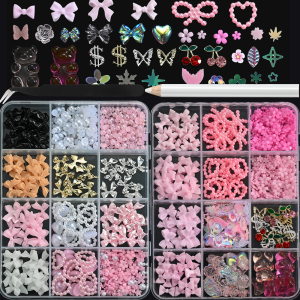 12Grids 3D Pink Bowknot Flower Bear Nail Art Decorations+ 2Tools Metal Cherry Butterfly Simulated Pearl Nail Charms for DIY Nail