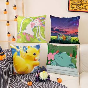 Bandai | Pokemon Pikachu Anime Plush Pillow Cover Soft Short Plush Cushion Cover For Sofa Bedroom Living Room Home Decor Gift