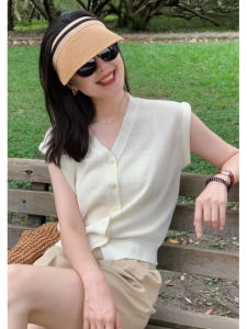YUEZHONGWEI | French Style Ice Silk Knitted Slim Fit Short Sleeve Vest Women Summer Outerwear Thin Cardigan T-Shirt Top Single Button Closure