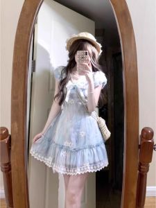 Váy Hoa Tay Bồng Thanh Lịch Mùa Hè Cho Nữ Váy Ngắn Chữ a Cổ Vuông Tay Ngắn Ren Nơ Váy Công Chúa Ngọt Ngào Thanh Lịch