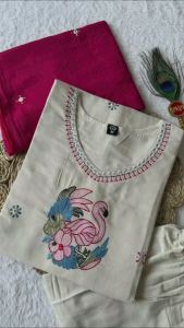 [PRE ORDER : 10 DAYS] Premium Khadi Cotton Embroidered Salwar Kameez Suit Set with Mul Cotton Dupatta Cream  Size M (38) to XXL (44)